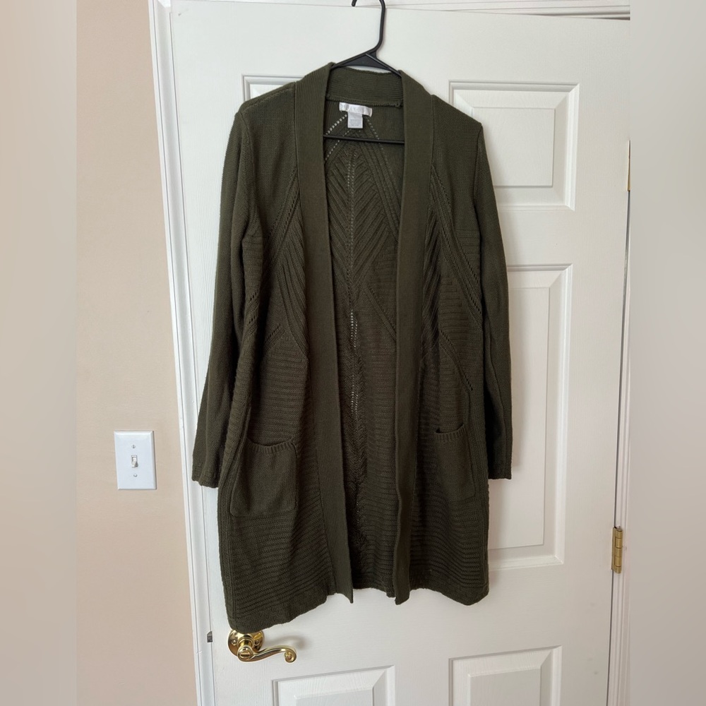 Design historic dark green sweater size large.